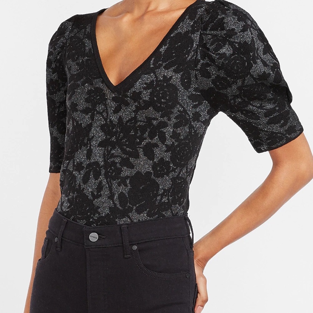 Express Metallic Black Floral Puff Sleeve Sweater